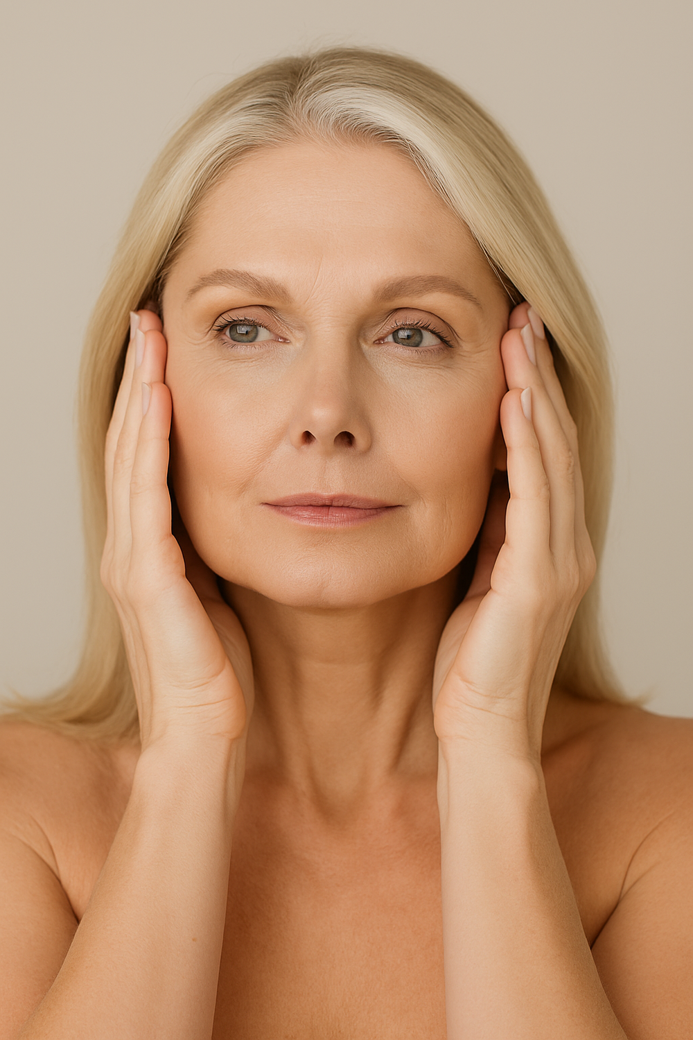 Woman with long hair gently touching her face.