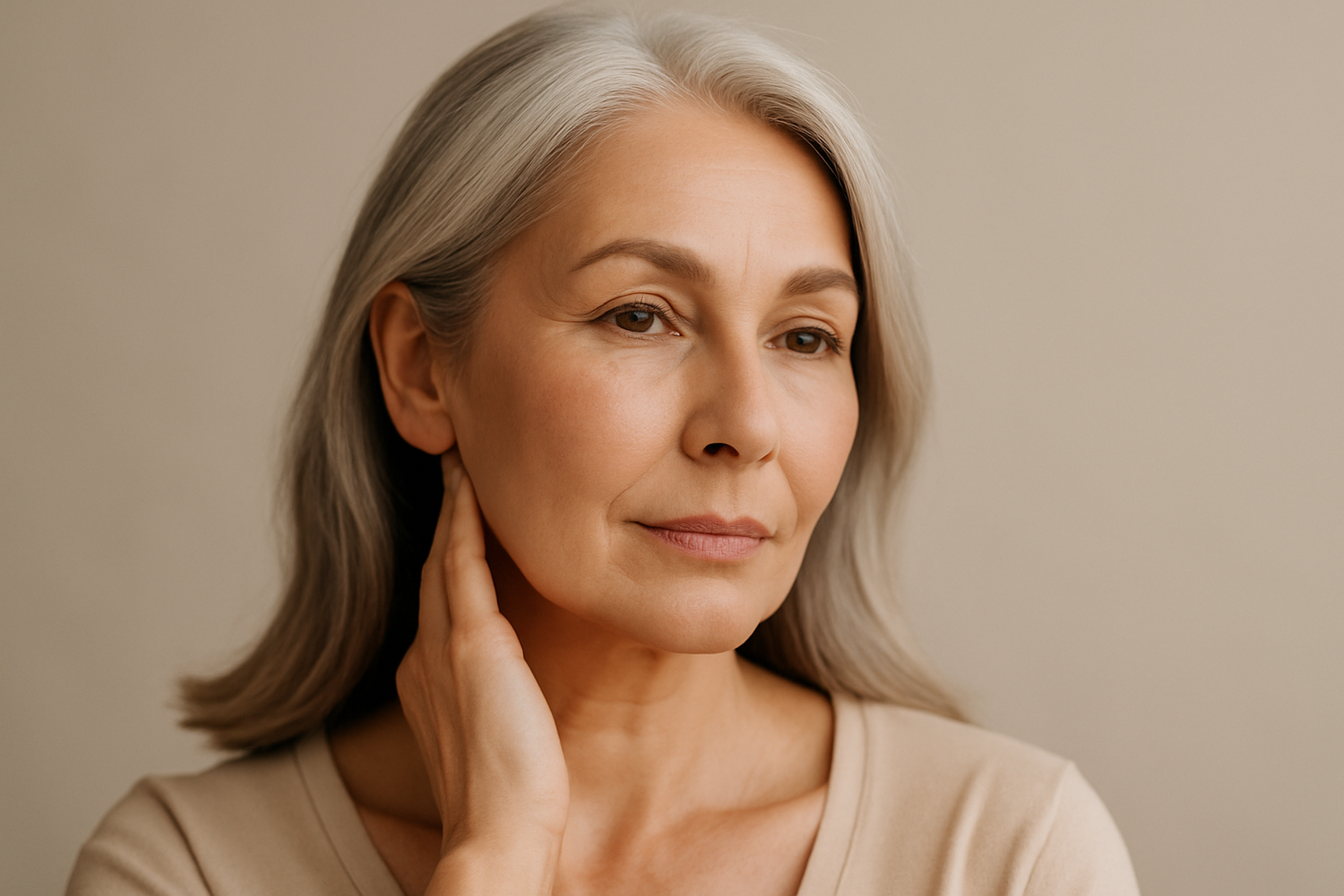 Middle-aged woman with gray hair, thoughtful expression.