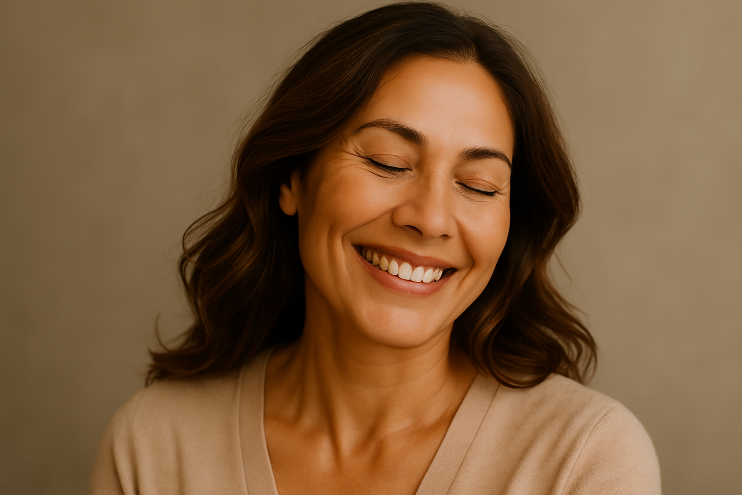 Smiling woman with messy hair in gray blazer.