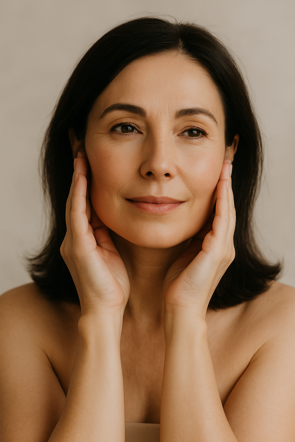 Woman gently touching her face, serene expression.