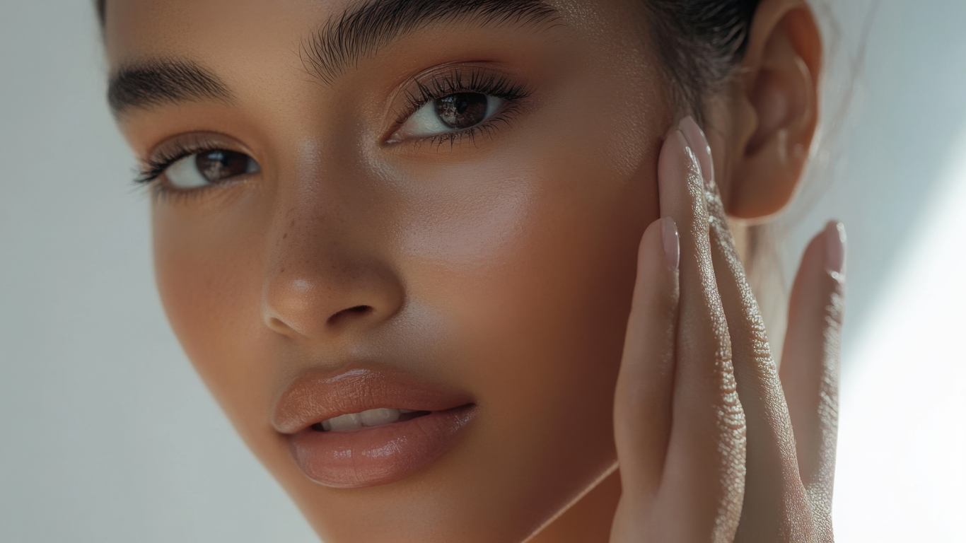 Close-up of a young woman's face and hand.