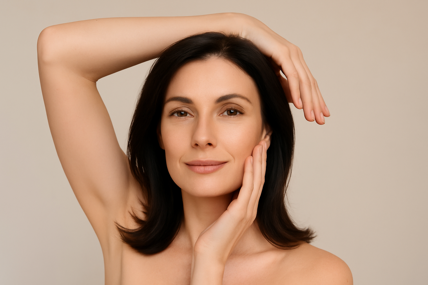 Woman gently touching her face, soft lighting.