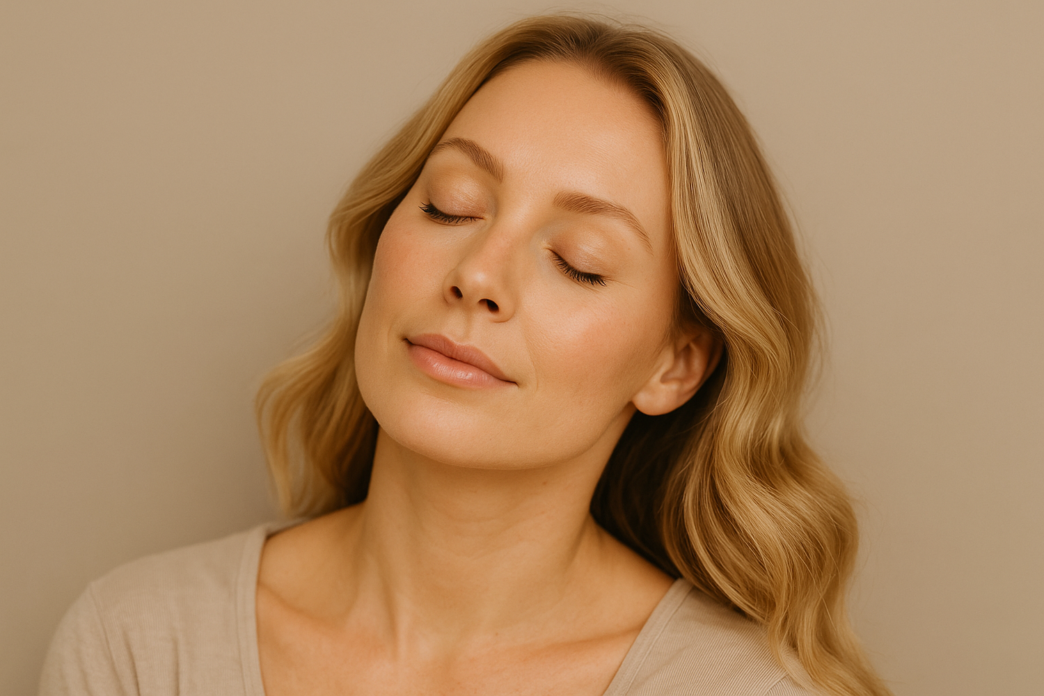 Smiling woman in professional setting against wall.
