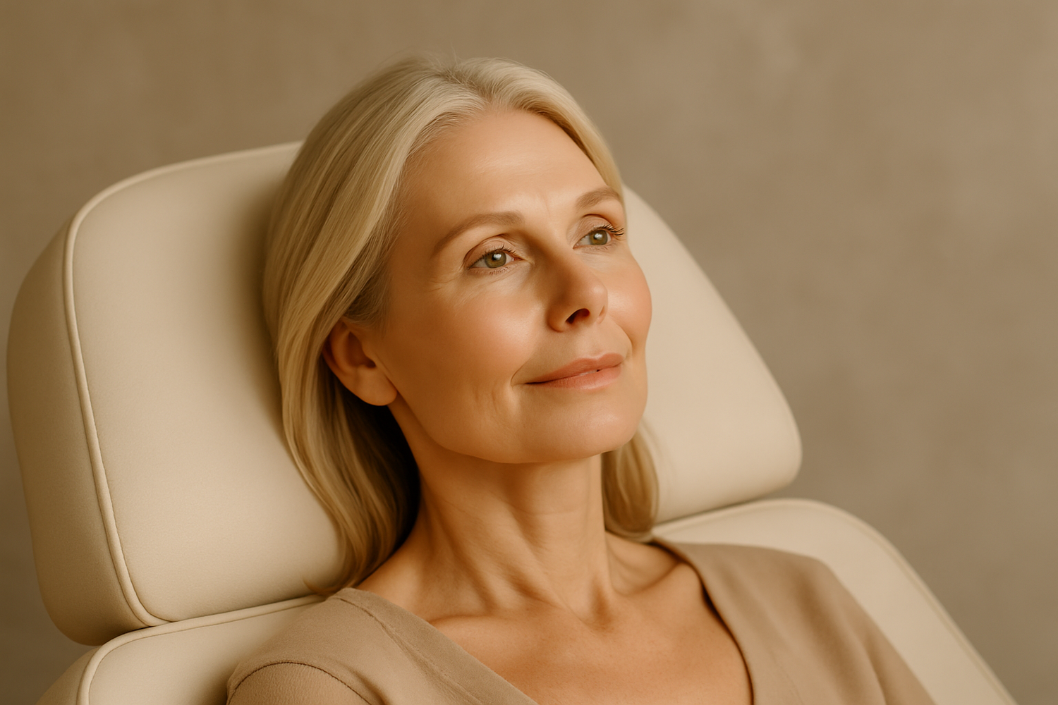 Woman with long hair posing against a wall.