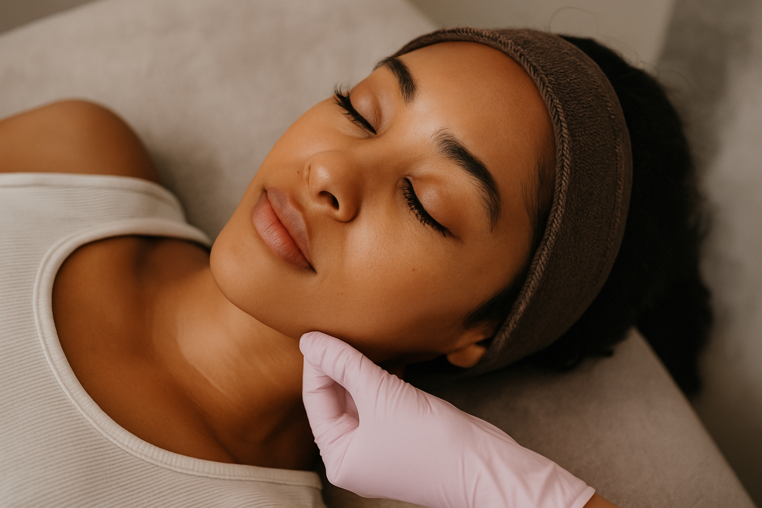 Woman applying skincare in front of mirror.