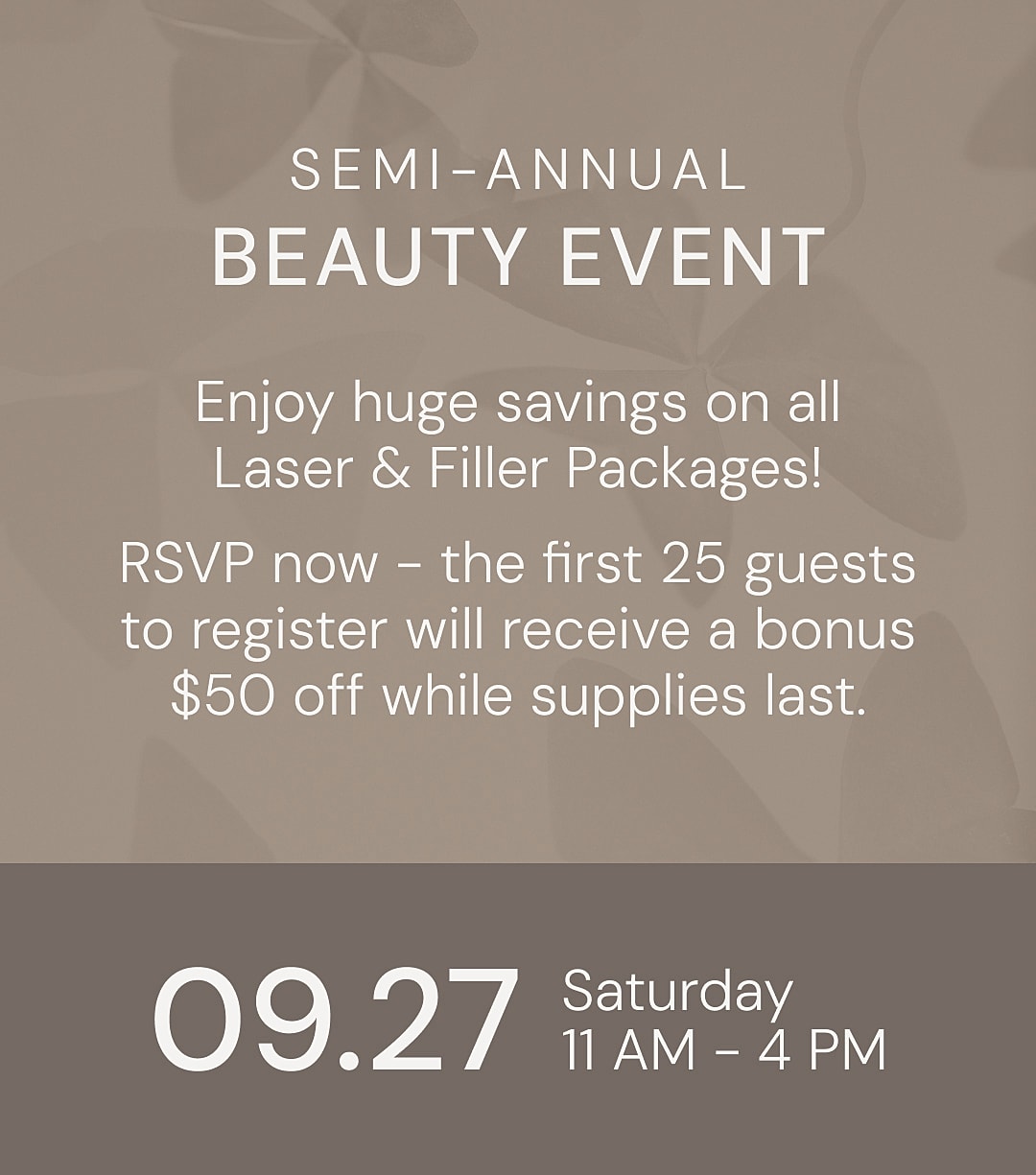 Semi-annual beauty event with savings and RSVP.